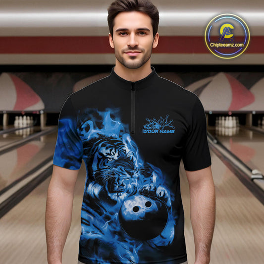 Custom Blue Fire Flame Tiger Bowling Jerseys, Bowling Team Men Quarter-Zip Shirts IPHW9487