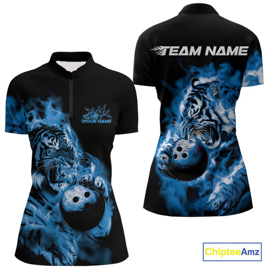 Custom Blue Fire Flame Tiger Bowling Jerseys, Bowling Team Women Quarter-Zip Shirts IPHW9487