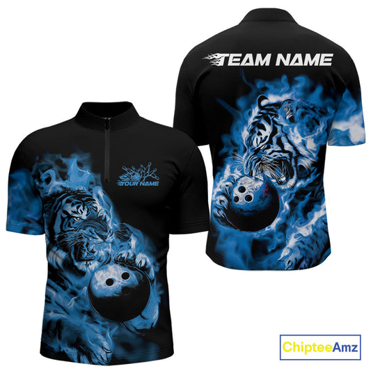 Custom Blue Fire Flame Tiger Bowling Jerseys, Bowling Team Men Quarter-Zip Shirts IPHW9487