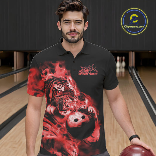 Custom Red Fire Flame Tiger Bowling Jerseys, Bowling Team Men Polo Shirts IPHW9488