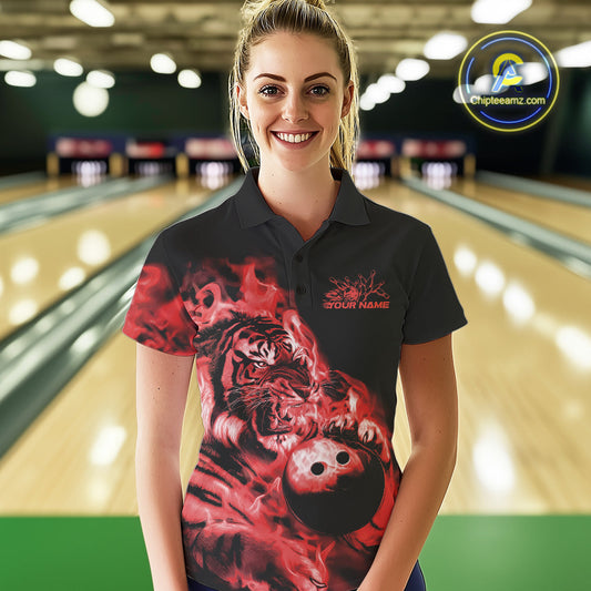 Custom Red Fire Flame Tiger Bowling Jerseys, Bowling Team Women Polo Shirts IPHW9488