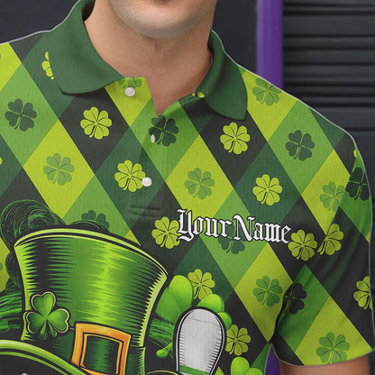 Custom St Patricks Day Skull Bowling Polo Shirts For Men, Green Shamprock Lucky Team Shirt IPHW8581
