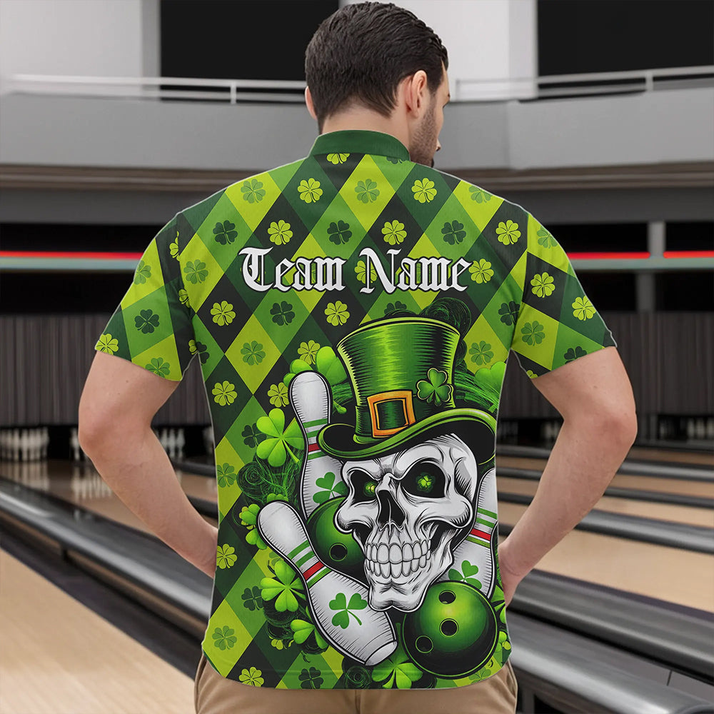 Custom St Patricks Day Skull Bowling Quarter-Zip Shirts For Men, Green Shamprock Lucky Team Shirt IPHW8581