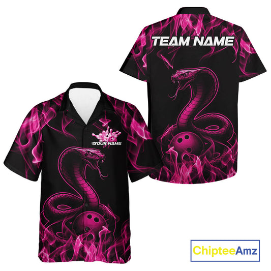 Custom Black And Pink Flame Cobra Snake Bowling Men And Women Shirts, Bowling League Shirt IPHW10766