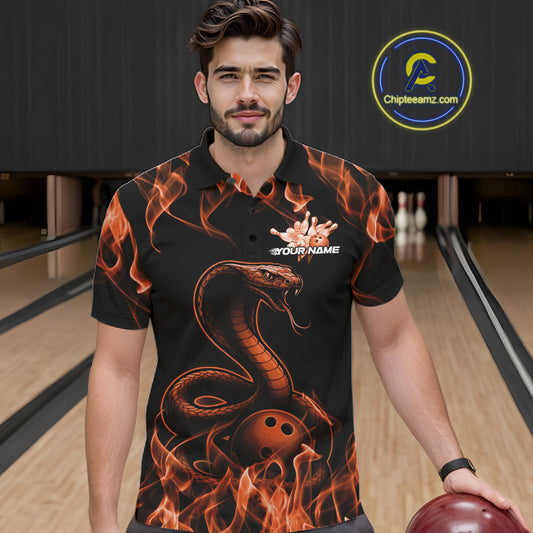 Custom Black And Orange Flame Cobra Snake Bowling Men Shirts, Bowling League Shirt IPHW10767