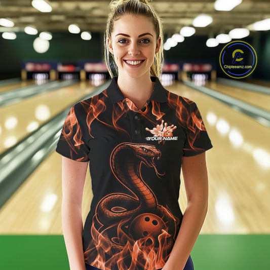 Custom Black And Orange Flame Cobra Snake Bowling Women Shirts, Bowling League Shirt IPHW10767