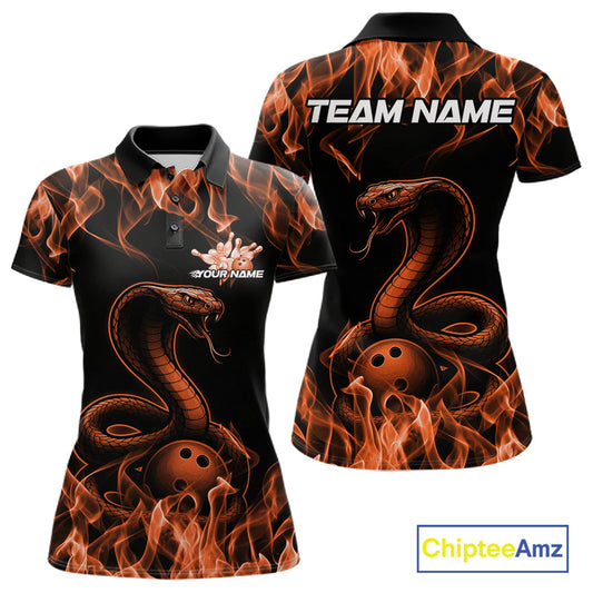 Custom Black And Orange Flame Cobra Snake Bowling Women Shirts, Bowling League Shirt IPHW10767