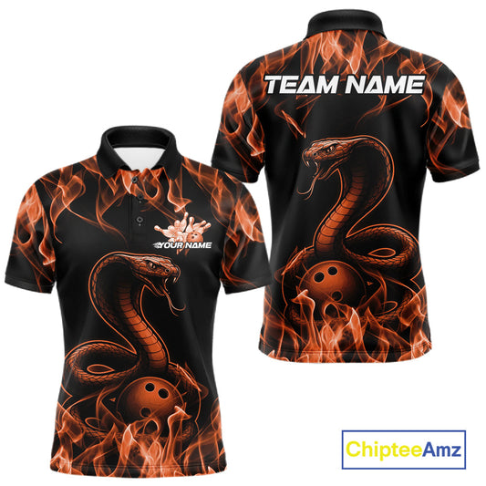 Custom Black And Orange Flame Cobra Snake Bowling Men Shirts, Bowling League Shirt IPHW10767