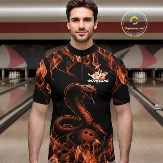 Custom Black And Orange Flame Cobra Snake Bowling Men Shirts, Bowling League Shirt IPHW10767