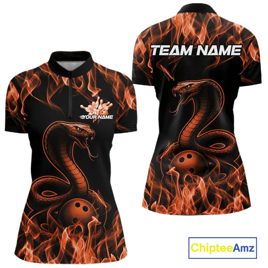 Custom Black And Orange Flame Cobra Snake Bowling Women Shirts, Bowling League Shirt IPHW10767