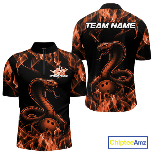 Custom Black And Orange Flame Cobra Snake Bowling Men Shirts, Bowling League Shirt IPHW10767