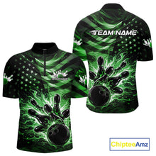 Load image into Gallery viewer, Custom Black And Green Patriotic Fire Flame Men Bowling Shirt, US Flag Bowling Jerseys IPHW10999