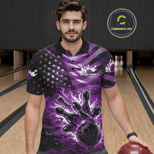 Load image into Gallery viewer, Custom Black And Purple Patriotic Fire Flame Men Bowling Shirt, US Flag Bowling Jerseys IPHW11000