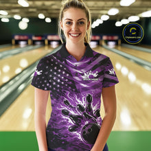 Load image into Gallery viewer, Custom Black And Purple Patriotic Fire Flame Women Bowling Shirt, US Flag Bowling Jerseys IPHW11000