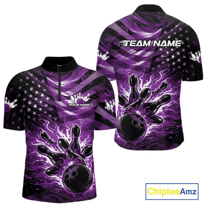 Front and back views of a black mens bowling quarter-zip shirt with a purple flame bowling ball striking pins and distressed American flag graphics.