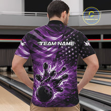 Load image into Gallery viewer, Custom Black And Purple Patriotic Fire Flame Men Bowling Shirt, US Flag Bowling Jerseys IPHW11000