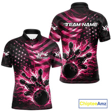 Load image into Gallery viewer, Custom Black And Pink Patriotic Fire Flame Men Bowling Shirt, US Flag Bowling Jerseys IPHW11001