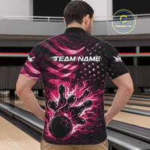 Load image into Gallery viewer, Custom Black And Pink Patriotic Fire Flame Men Bowling Shirt, US Flag Bowling Jerseys IPHW11001