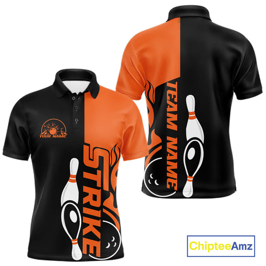 Custom Black And Orange Flame Strike Bowling Men Polo Shirt, Bowling Tournament Shirt IPHW10250
