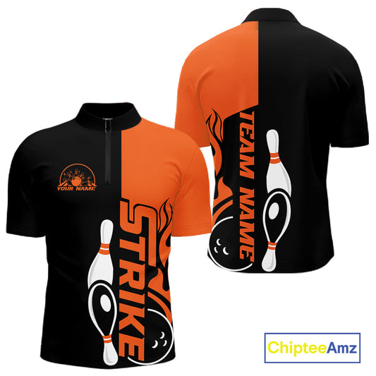 Custom Black And Orange Flame Strike Bowling Men Quarter-Zip Shirt, Bowling Tournament Shirt IPHW10250
