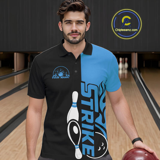 Custom Black And Blue Flame Strike Bowling Men Polo Shirt, Bowling Tournament Shirt IPHW10251