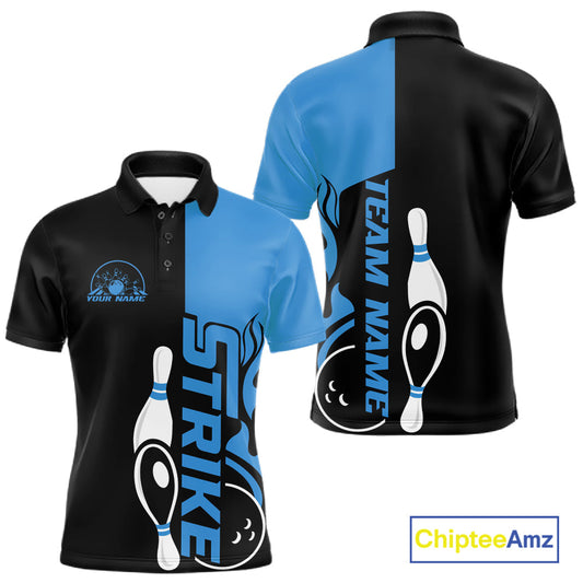 Custom Black And Blue Flame Strike Bowling Men Polo Shirt, Bowling Tournament Shirt IPHW10251