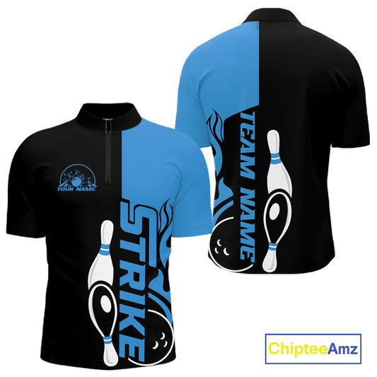 Custom Black And Blue Flame Strike Bowling Men Quarter-Zip Shirt, Bowling Tournament Shirt IPHW10251