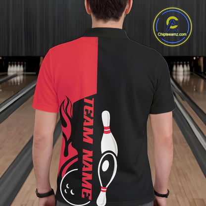 Custom Black And Red Flame Strike Bowling Men Polo Shirt, Bowling Tournament Shirt IPHW10252