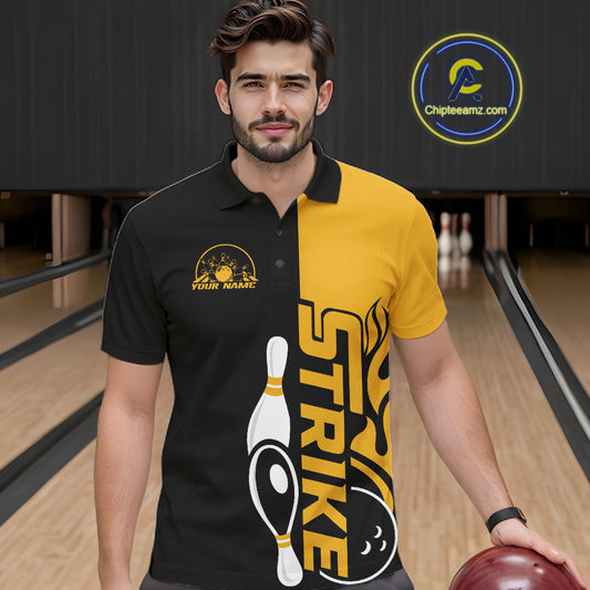 Custom Black And Gold Flame Strike Bowling Men Polo Shirt, Bowling Tournament Shirt IPHW10253