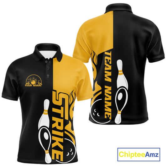 Custom Black And Gold Flame Strike Bowling Men Polo Shirt, Bowling Tournament Shirt IPHW10253