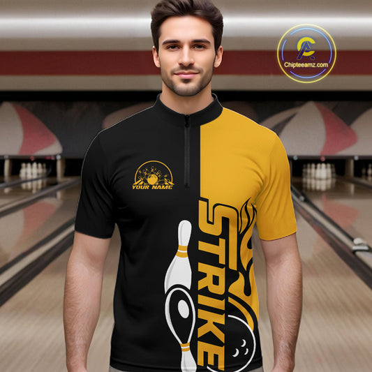 Custom Black And Gold Flame Strike Bowling Men Quarter-Zip Shirt, Bowling Tournament Shirt IPHW10253