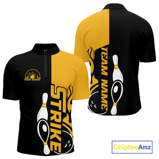 Custom Black And Gold Flame Strike Bowling Men Quarter-Zip Shirt, Bowling Tournament Shirt IPHW10253