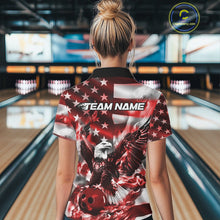 Load image into Gallery viewer, Custom Red Flaming American Flag Eagle Bowling Women Shirt, Patriotic Bowlers Outfit IPHW10779