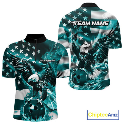 Custom Blue Flaming American Flag Eagle Bowling Team Men Shirt, Patriotic Bowlers Outfit IPHW10780