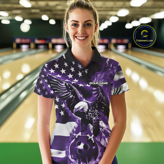 Custom Purple Flaming American Flag Eagle Bowling Team Women Shirt, Patriotic Bowlers Outfit IPHW10781