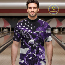 Load image into Gallery viewer, Custom Purple Flaming American Flag Eagle Bowling Team Men Shirt, Patriotic Bowlers Outfit IPHW10781