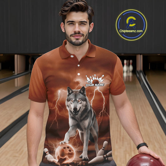 Custom Orange Ligtning Wolf Bowling Team League Shirts For Men, Bowler Outfits IPHW10786