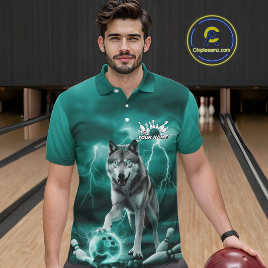 Custom Teal Blue Ligtning Wolf Bowling Team League Shirts For Men, Bowler Outfits IPHW10789