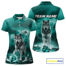 Load image into Gallery viewer, Custom Teal Blue Ligtning Wolf Bowling Team League Shirts For Women, Bowler Outfits IPHW10789
