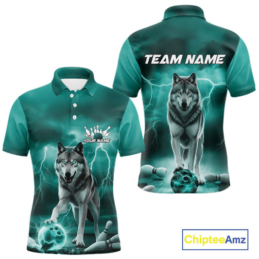 Custom Teal Blue Ligtning Wolf Bowling Team League Shirts For Men, Bowler Outfits IPHW10789