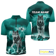 Load image into Gallery viewer, Custom Teal Blue Ligtning Wolf Bowling Team League Shirts For Men, Bowler Outfits IPHW10789