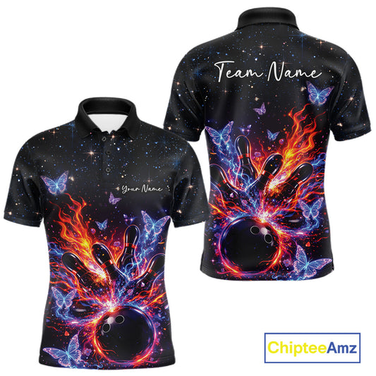 Front and back views of a black mens bowling polo shirt with flaming bowling ball artwork, glowing butterflies, and cosmic details.