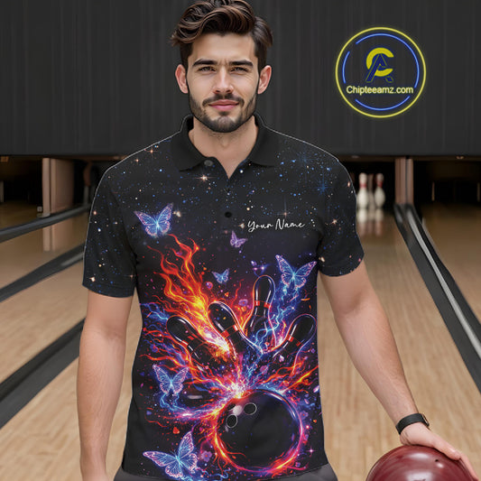 Male model wearing a black bowling polo shirt at the lane with a fiery bowling strike scene and glowing butterflies.