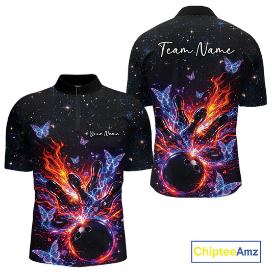 Front and back views of a black mens bowling quarter-zip shirt showcasing a flaming bowling ball striking pins with glowing butterflies.