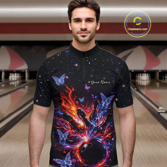 Male model wearing a black bowling quarter-zip shirt at the lane with cosmic bowling strike graphics.