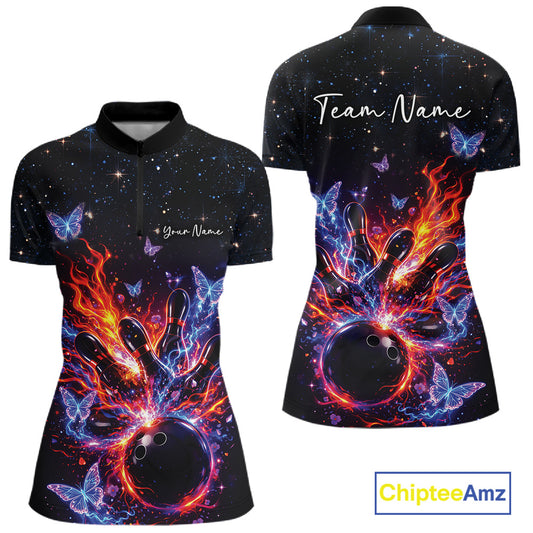 Front and back views of a black womens bowling quarter-zip shirt featuring flaming bowling ball artwork and glowing butterflies.