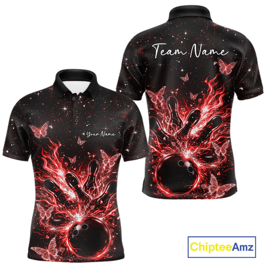 Front and back views of a black and red mens bowling polo shirt featuring flaming bowling ball graphics, glowing butterflies, and a cosmic background.
