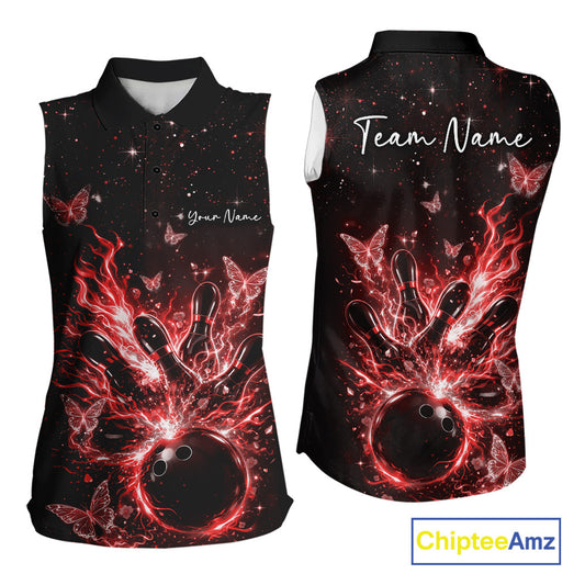 Front and back views of a black and red womens sleeveless bowling shirt with flaming bowling action graphics, butterflies, and cosmic details.