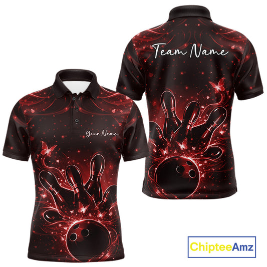 Front and back views of a black and red mens bowling polo shirt with glowing butterflies around bowling ball and pins.