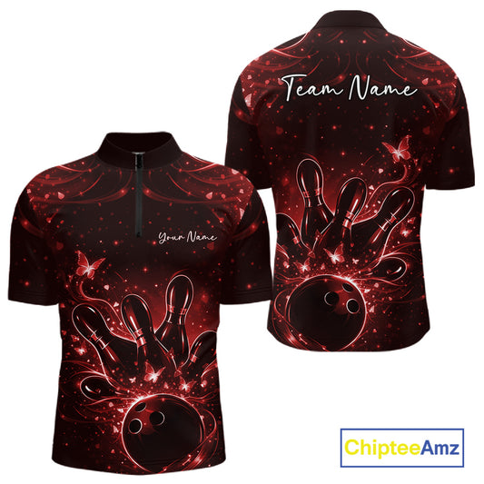 Front and back views of a black and red mens bowling quarter-zip shirt with glowing butterflies, bowling ball, and pins.